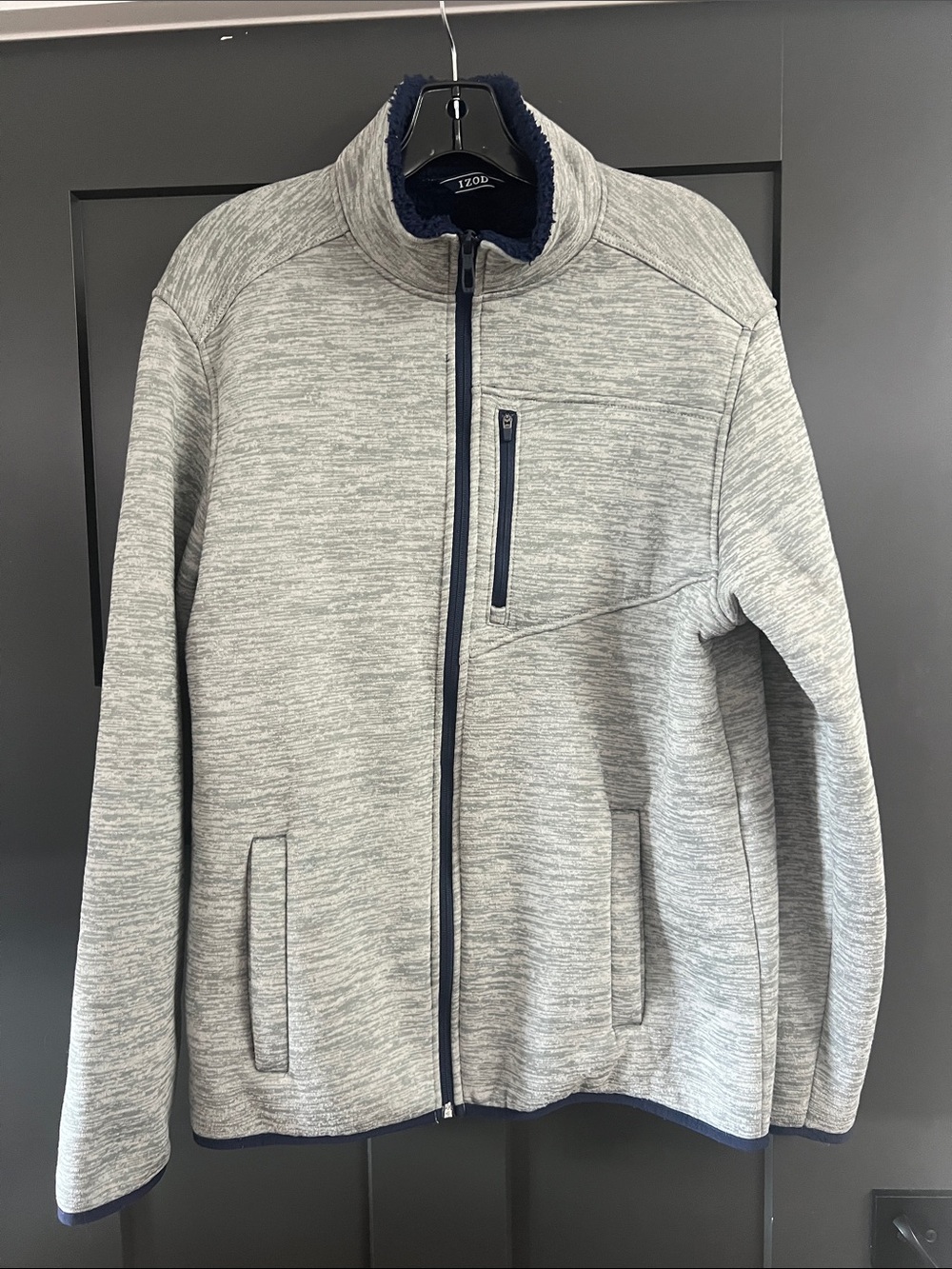Izod Men's Heather Gray Full-Zip Sweater with Navy Trim